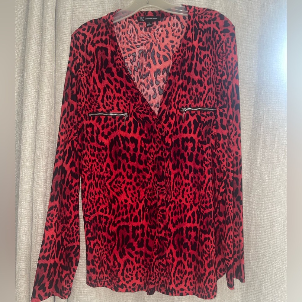 Macys INC Red Cheetah Print Blouse XL